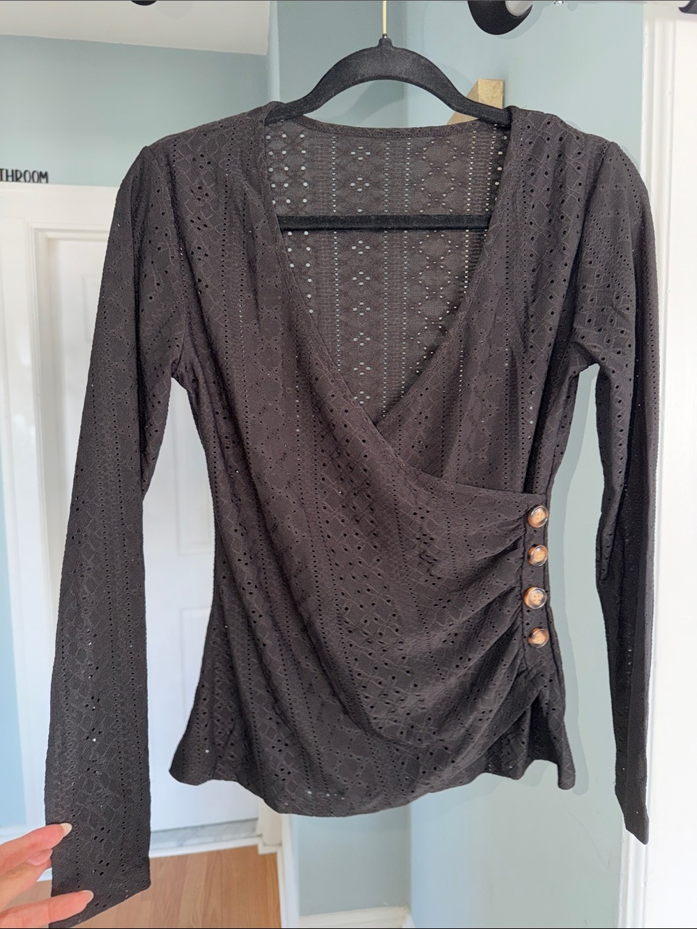 Black Eyelet Wrap-Style Long Sleeve Top